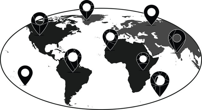 Global world map silhouette with multiple location pin icons for international logistics navigation tracking and travel destination concepts isolated on white background.