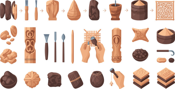 Flat vector illustration set of traditional woodworking process with chisels, hand carving tools, totem poles, wooden bowls, raw timber, and artisan crafting techniques for cultural heritage projects.