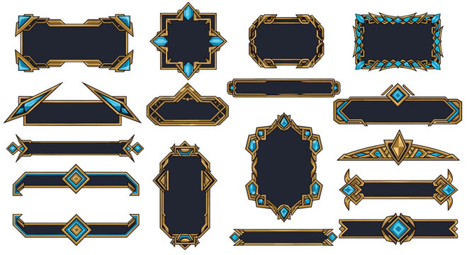 Set of decorative frames and buttons for fantasy game user interfaces featuring dark stone textures, gold trim, and glowing blue gems.