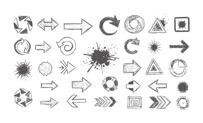 Fototapeta premium Collection of hand drawn grunge arrows and shapes in dark gray handdrawn