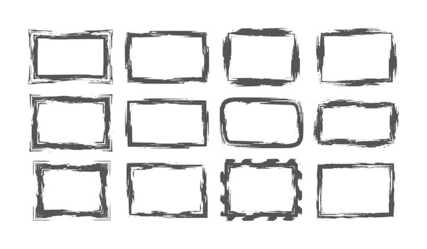 Collection of twelve dark grey grunge rectangular frames with rough edges rectangle
