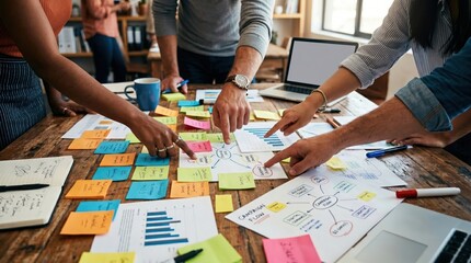 Obraz premium Close up creative designer applaud for job success at meeting table at office brainstorming, teamwork, creative, planning, development, meeting