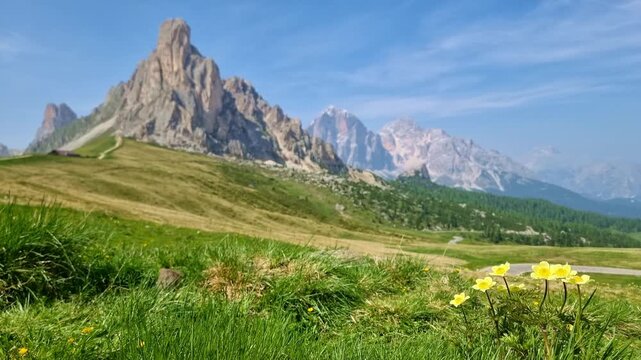 View of majestic Ra Gusela Peak of Nuvolau group at Giau Pass in the Dolomites Mountains, South Tyrol, Italy, in springtime