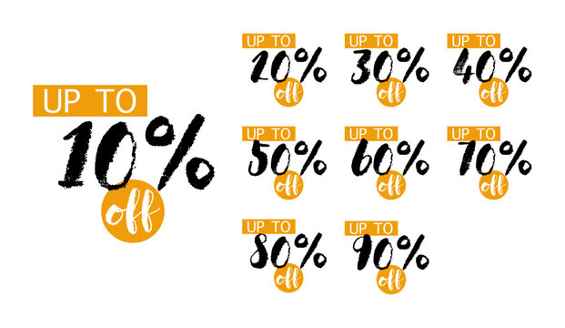 Up to 10 to 90 percent discount. Sticker offer price label tag, vector advertising banner or season discount collection