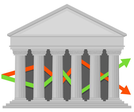 Stock market chart with rising green and falling orange arrows over a classical bank facade, representing trading volatility, economic trends, and financial analysis. (cut out)