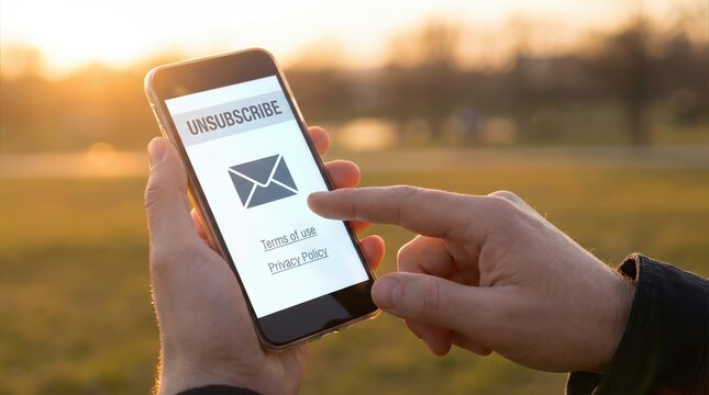 Hand of a person holding smartphone displaying unsubscribe option against a sunset backdrop, symbolizing digital detox and the slow life movement with copy space