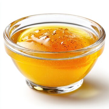 Golden Honey in Glass Bowl, Isolated on White Background, Close Up