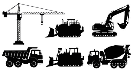 Construction Vehicle Silhouettes: Crane, Excavator, Dump Truck, Bulldozers, Mixer © ades