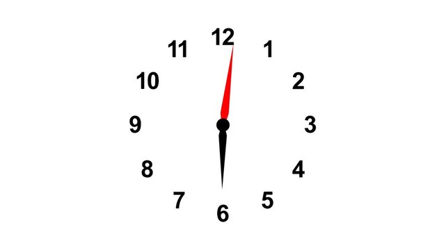 Clock spinning animation. watch animation on transparent background with alpha channel. clock icon with moving arrows in 12 hour loop. Clock Rotation. 24 Hours Animated Clock