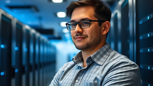 A technical professional in casual attire stands against a blurred server room with cool blue lighting accents.