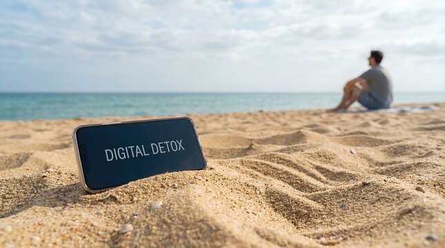 Smartphone displaying message "DIGITAL DETOX" is partially buried in sandy beach, with serene ocean waves and a person enjoying nature in the background, promoting unplugged lifestyle