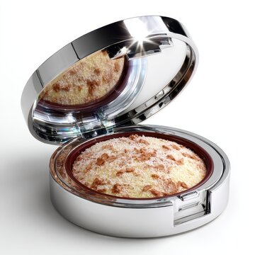 Elegant Silver Powder Compact with Mirror on White Background
