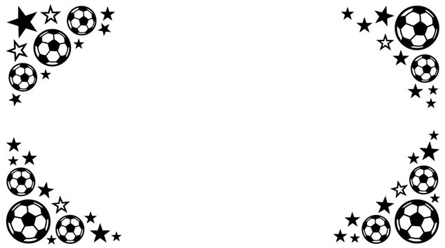 Soccer ball and star decorative corner frames on white background.