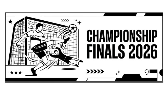Black and white illustration of a soccer player kicking the ball towards the goal.