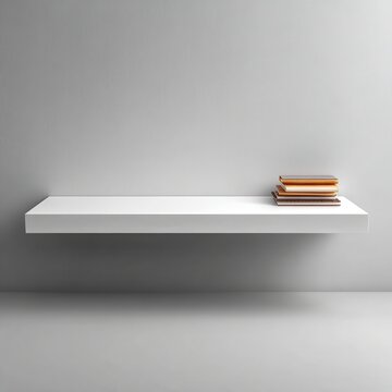 Minimalist Interior with White Floating Shelf and Stack of Books