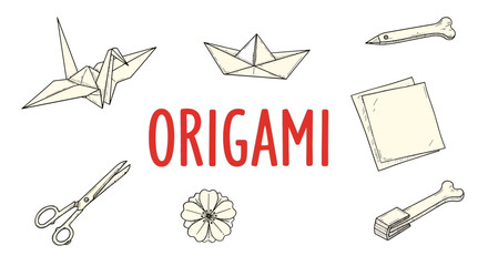 Obraz premium Sketch Illustration of Origami art and craft tools.
