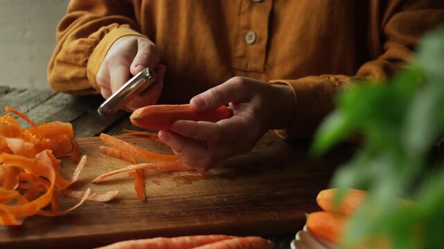 Person peels carrot with a vegetable peeler. Vegetarian food prep, healthy living, or rustic cooking themes