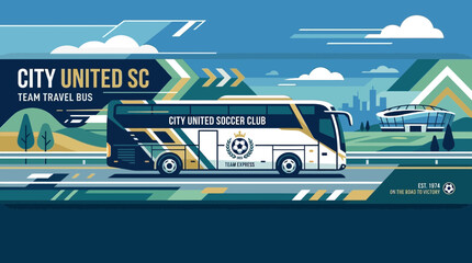Modern soccer team travel bus with custom branding and logo design. © Safa_Sekar Madinah