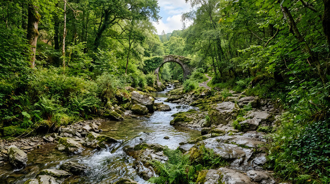 Ancient stone bridge arching over a vibrant lush green forest stream in a natural woodland setting