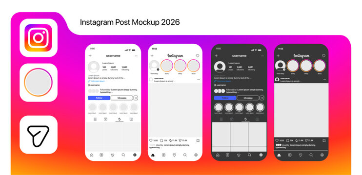 Instagram UI templates on white background. Post, profile, home page and grid template. Instagram Gallery, following, reel, Follower, News Feed Instagram app interface mockup editable template pack