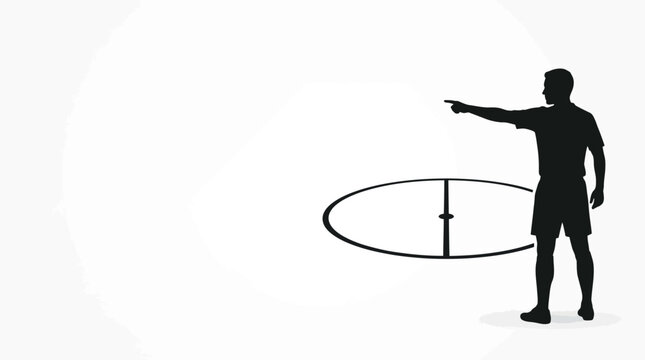 Silhouette of a sports referee pointing to a circular court area.