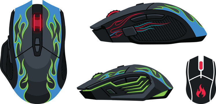 Flame Style Gaming Mouse Vector Illustration with RGB Wireless Computer Accessories for Esports Technology and Futuristic Digital Device Branding