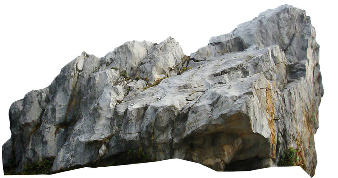 A large, rugged gray rock formation with distinct textures and crevices, isolated against a transparent background space