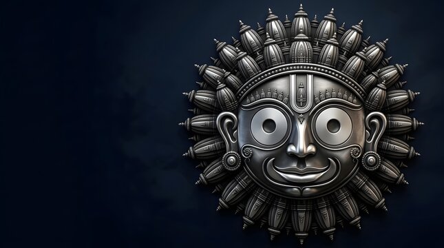 Artistic Metallic Lord Jagannath Face with Ornate Chariot Wheel Design on Dark Background Traditional Hindu Religious Deity Sculpture for Rath Yatra Festival Devotional Art
