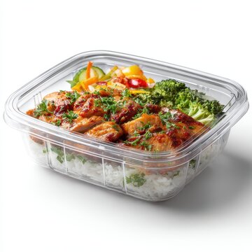 Chicken Teriyaki Rice Bowl with Broccoli and Vegetables in Clear Container