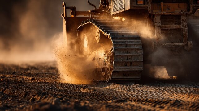 Heavy machinery track leaving dust trail on construction site with sunlight illuminating the scene, showcasing the power and functionality of industrial equipment