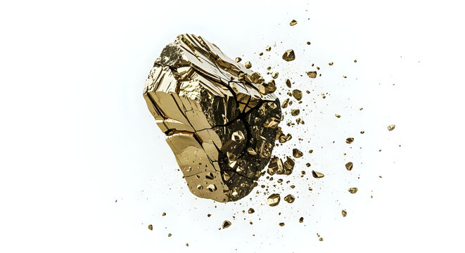 Exploding pyrite mineral specimen with golden fragments white background earth science specimen