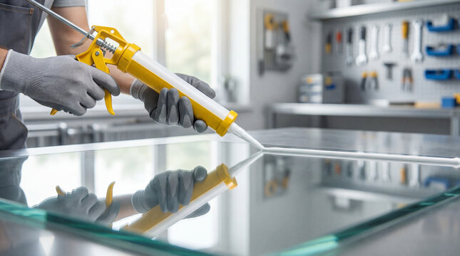 Close-up of gloved hands applying white sealant to a glass panel with a caulking gun. Ideal for construction, repair, and DIY