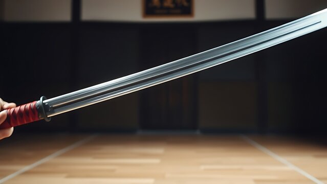 Motion blur of a fast sword swing against a dojo wall.
