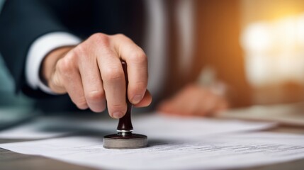 Fototapeta premium Businessman in a suit applying a rubber stamp on official documents on a desk, with blurred background elements suggesting an office environment