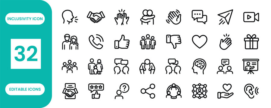 Inclusivity icons set 32 editable symbols for diversity and accessibility.