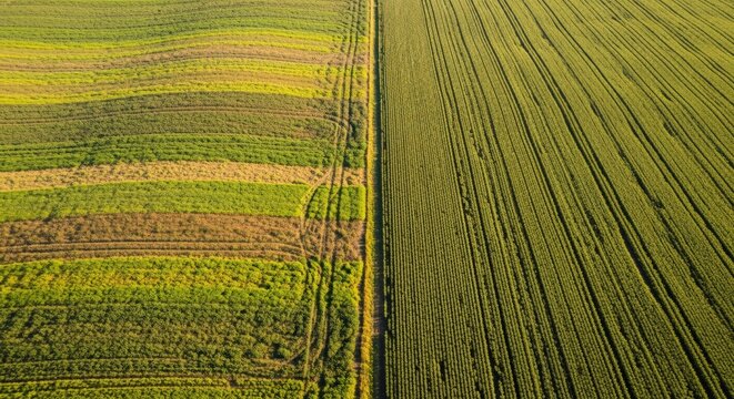 Aerial perspective of side by side crop variations in a sustainable farm