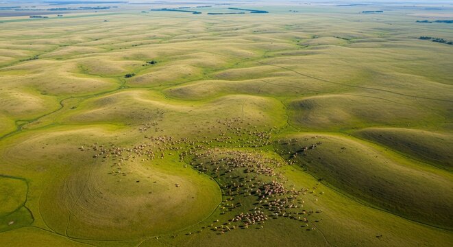 Aerial drone view of rolling hills with natural textured depressions