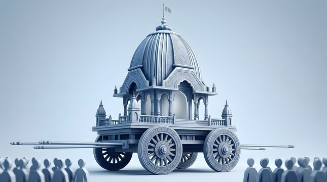 Monochrome Blue Jagannath Rath Yatra Chariot Illustration with Devotees Pulling Sacred Ratha Traditional Hindu Religious Festival Artistic Design for Spiritual Celebration
