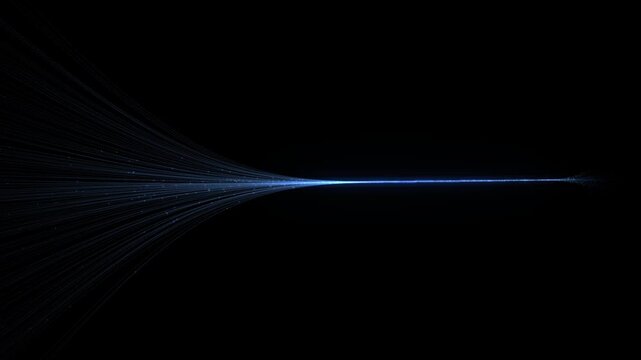 Fiber optic data stream radiating into a digital web of light trails against a black background representing high speed internet connectivity and network innovation