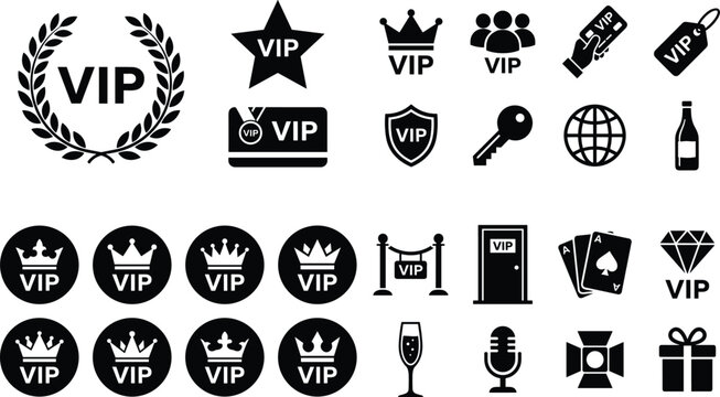 Elegant VIP icons collection featuring crowns, laurel wreaths, badges, rope barriers, champagne, and luxury symbols for exclusivity