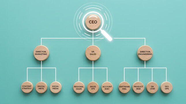 Organizational Chart with Wooden Blocks Representing Team Hierarchy