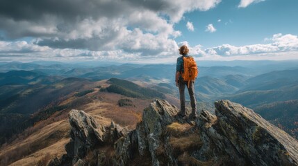 Obraz premium Hiker with orange backpack standing on rocky outcrop overlooking expansive mountain landscape under cloudy sky in autumn season