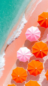 Colorful orange and pink beach umbrellas line a coral sand shore with turquoise water. Perfect for summer travel, resort branding, tourism ads, and vibrant social media.