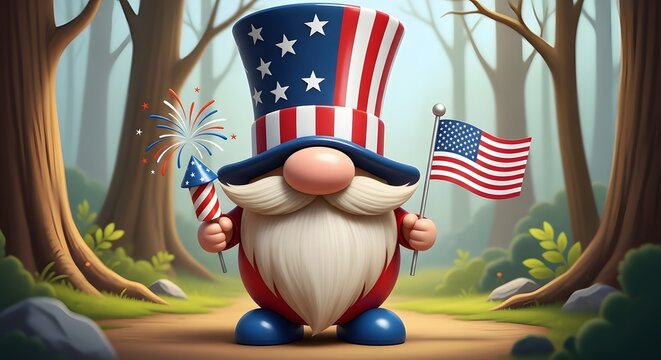 Cute gnome holding a firework and american flag in a forest