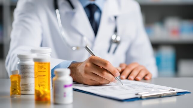 Male doctor in white coat writing prescription on clipboard with various medication bottles visible on the table in a pharmacy setting