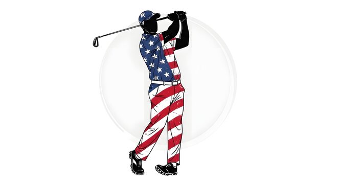 Golfer silhouette with american flag pattern isolated on white background