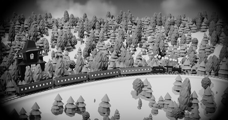 Train, mountains and trees. Summer holiday. Time to travel. 3d render illustration. © ArtsTaras
