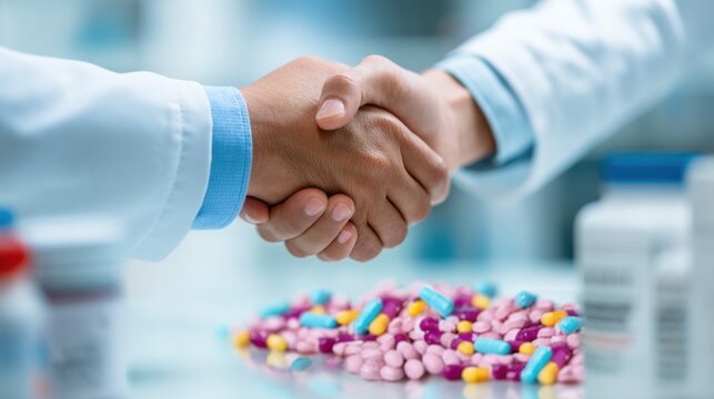 Two healthcare professionals in white lab coats shake hands over a colorful assortment of pills and capsules on a table in a pharmacy or medical setting