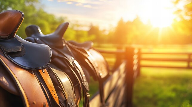 leather horse saddles hanging on rustic wooden fence, farm stable horse care blurred green trees and barn in sunny background.