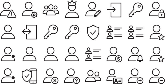 user profile icons set line art style with various symbols and attributes on white background